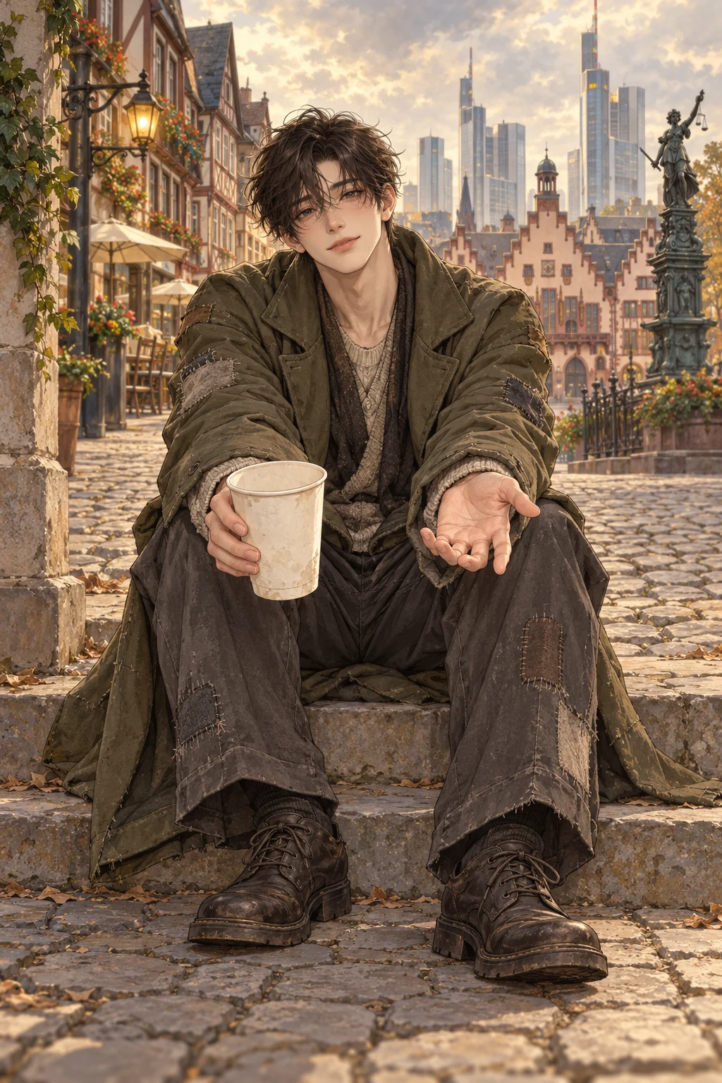 Bettelboy, a fictional adult Korean man in patched clothing, holds an empty cup and offers an open hand in a painted Frankfurt street.